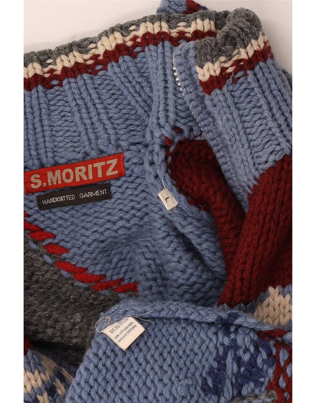 S.Moritz Herre håndlavet cardigan sweater stor blå geometrisk uld nyhed