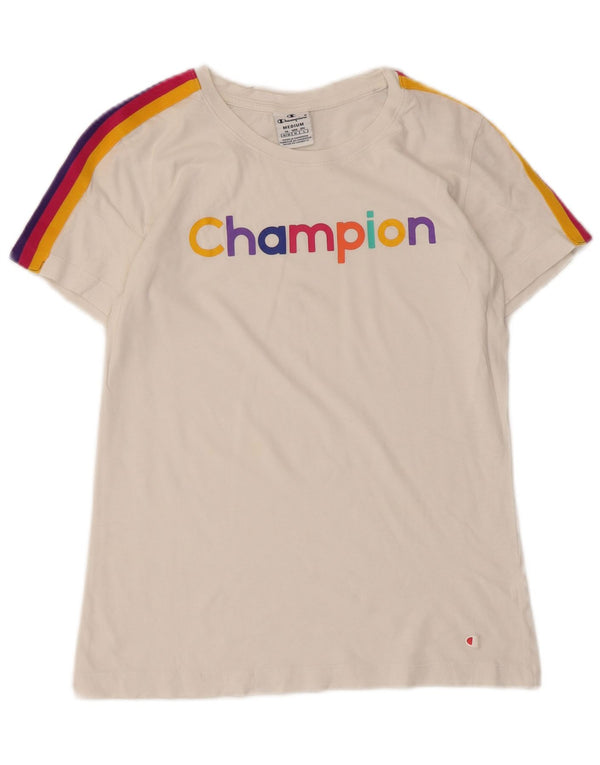 Champion Dame Grafisk T-Shirt Top UK 12 Medium Hvid Stribet