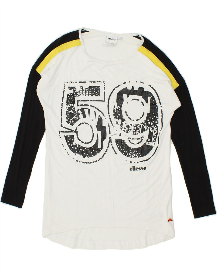 ELLESSE Mens Graphic Top Long Sleeve Small White Colourblock Viscose Vintage Ellesse and Second-Hand Ellesse from Messina Hembry 