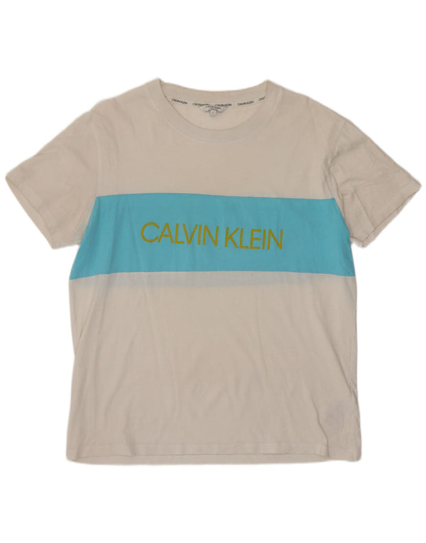 Calvin Klein Dame Grafisk T-Shirt Top UK 16 Large White Colourblock