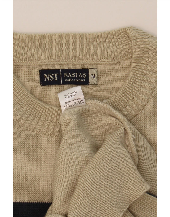 VINTAGE Mens Crew Neck Jumper Sweater Medium Beige Striped Acrylic Vintage Vintage and Second-Hand Vintage from Messina Hembry 