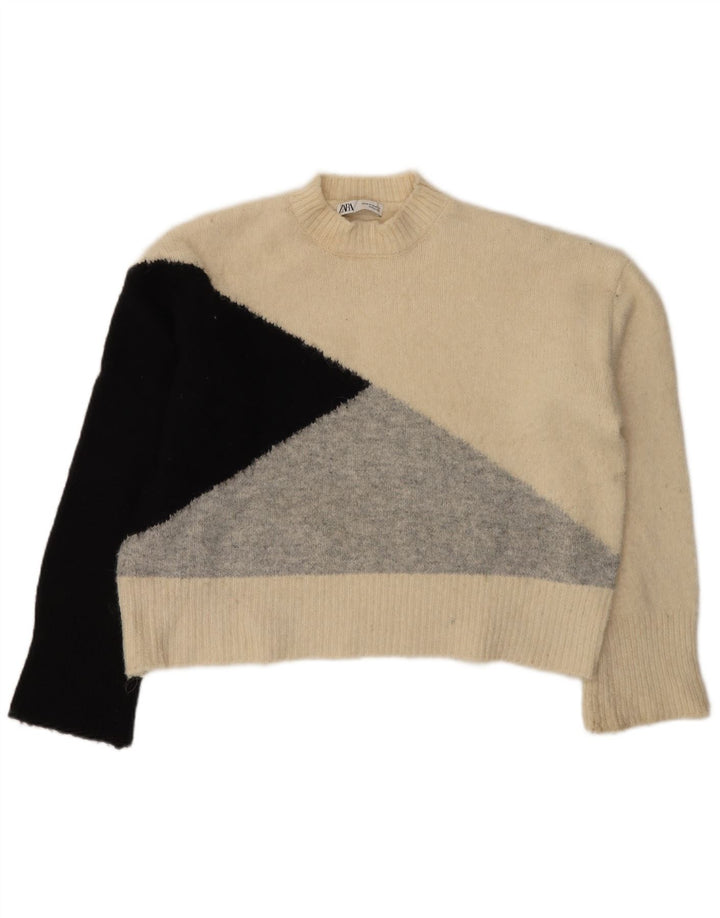 Zara Dame Turtle Neck Sweater UK 14 Medium Off White Colourblock