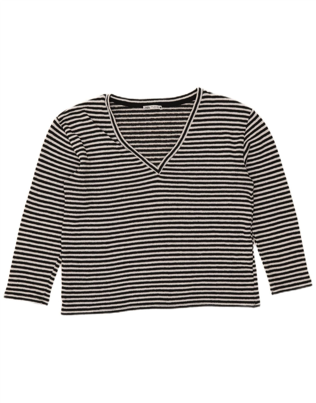 Zara Dame Top Langærmet UK 14 Medium Sort Stribet Bomuld