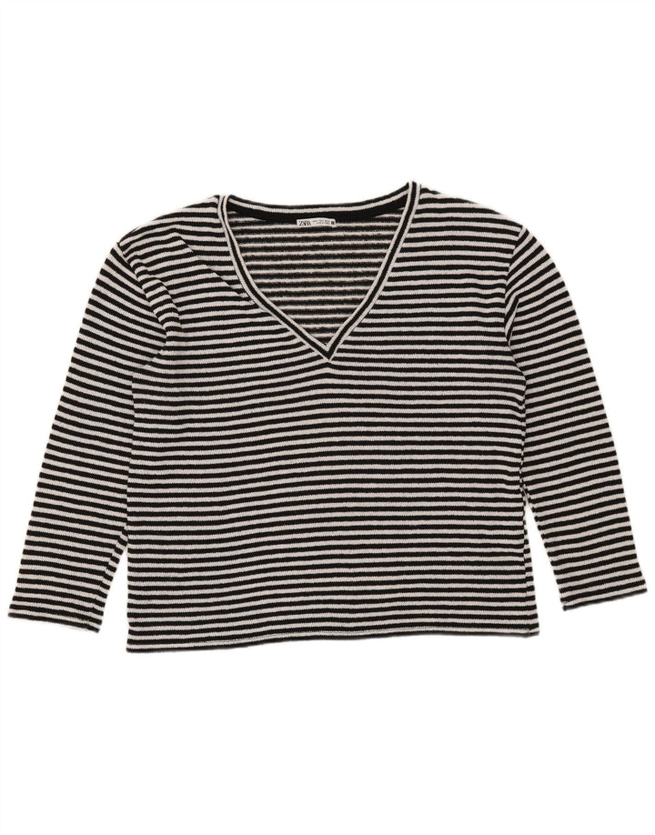 Zara Dame Top Langærmet UK 14 Medium Sort Stribet Bomuld