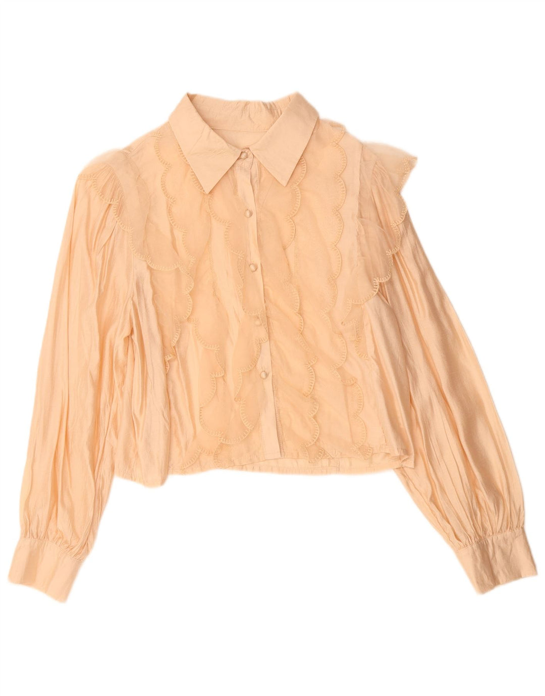 Vintage Womens Crop Ruffle Front Shirt Bluse UK 14 Medium Beige Viscose