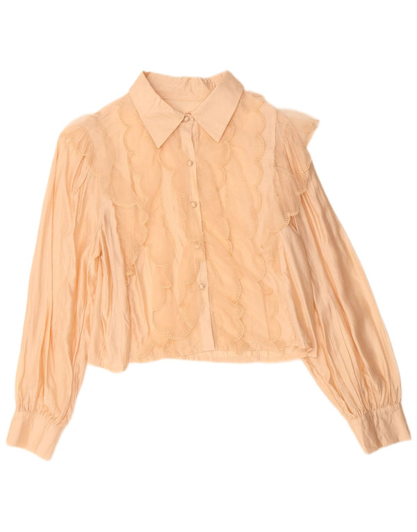 Vintage Womens Crop Ruffle Front Shirt Bluse UK 14 Medium Beige Viscose