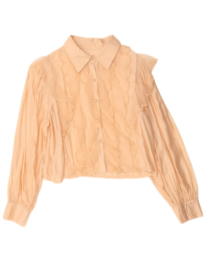 Vintage Womens Crop Ruffle Front Shirt Bluse UK 14 Medium Beige Viscose