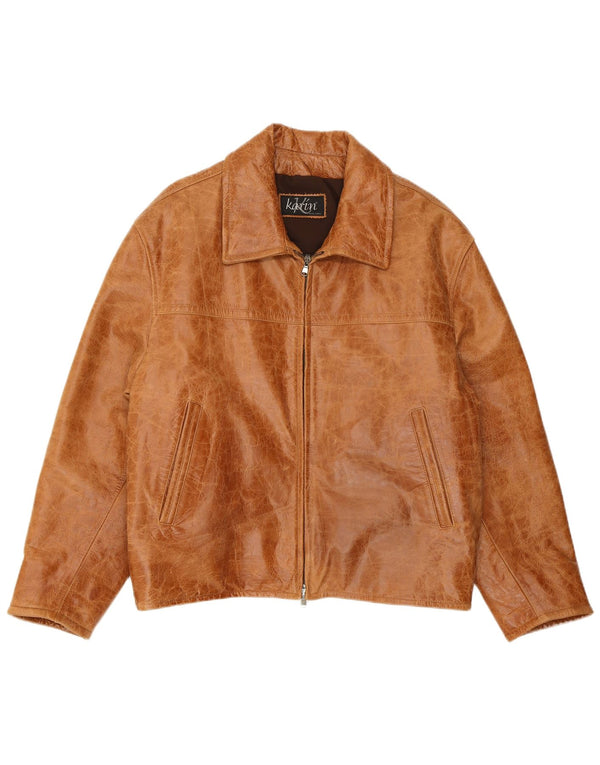 VINTAGE Herre Loose Fit Læderjakke UK 38 Medium Brun Læder