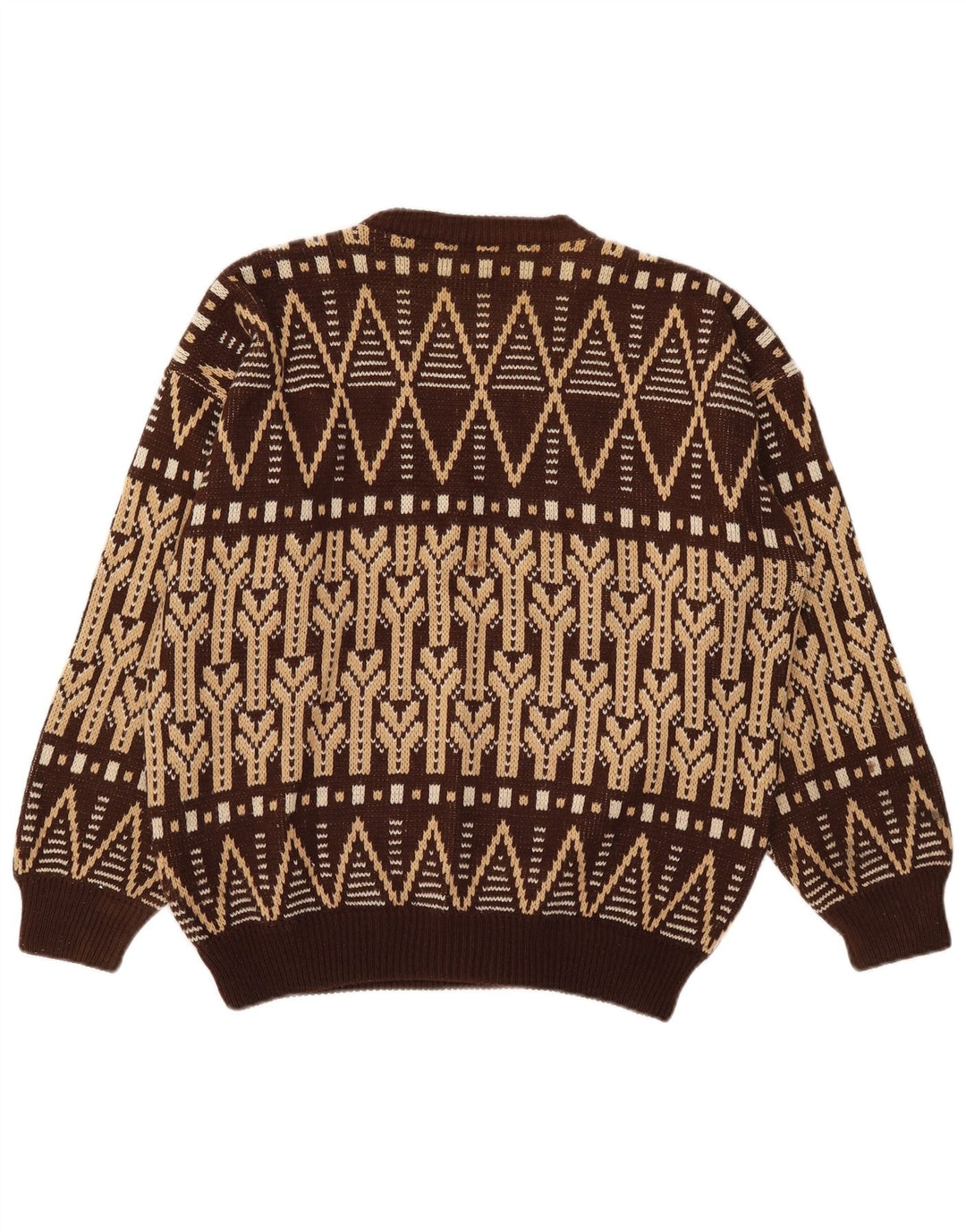 Vintage herre sweater med rund hals, stor brun Fair Isle
