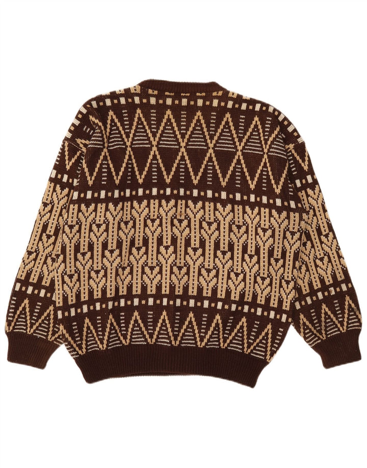 Vintage herre sweater med rund hals, stor brun Fair Isle