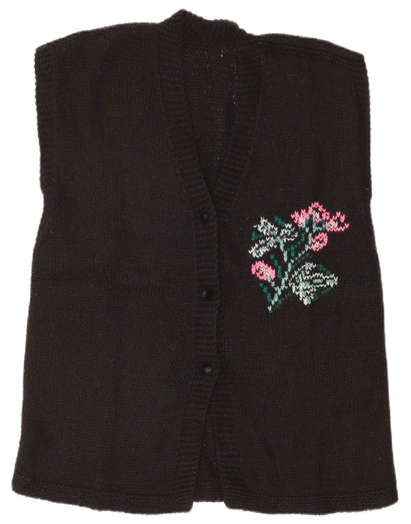 Vintage Kvinde grafisk ærmeløs cardigan sweater UK 14 Large Black Floral