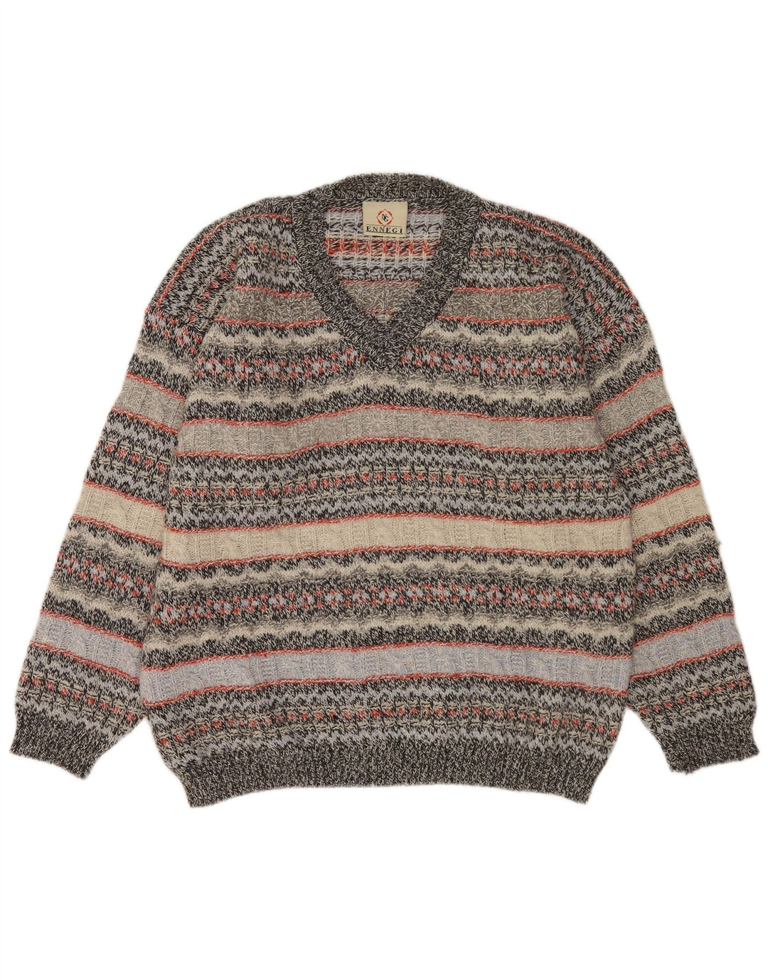 Vintage herre V-hals sweater XL grå stribet uld