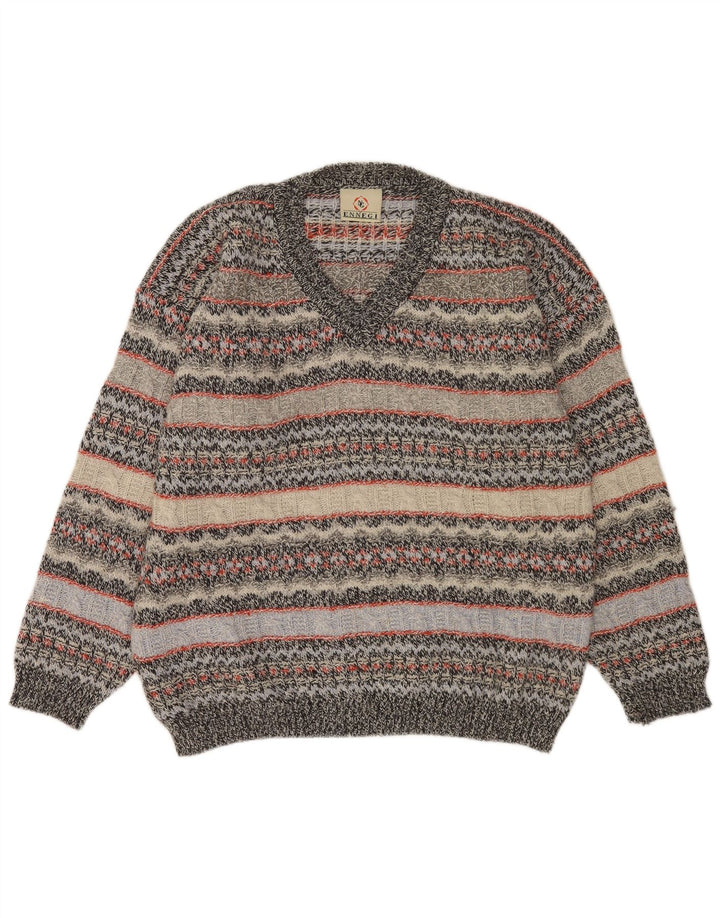 Vintage herre V-hals sweater XL grå stribet uld