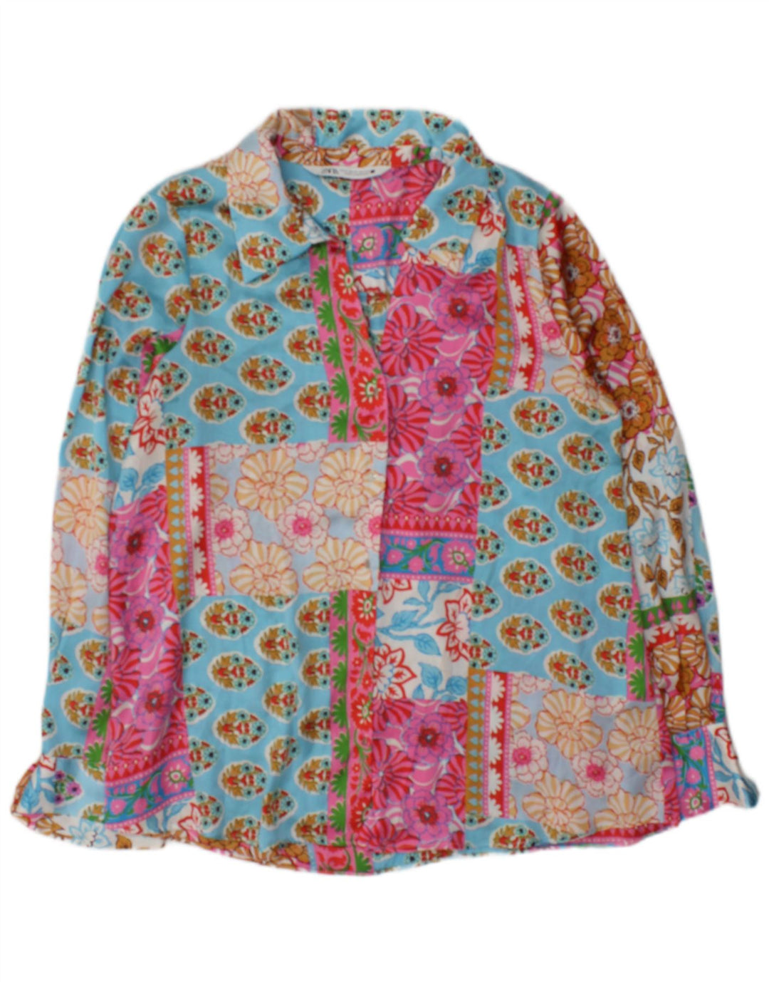 Zara Langærmet Bluse Top UK 14 Medium Flerfarvet Patchwork
