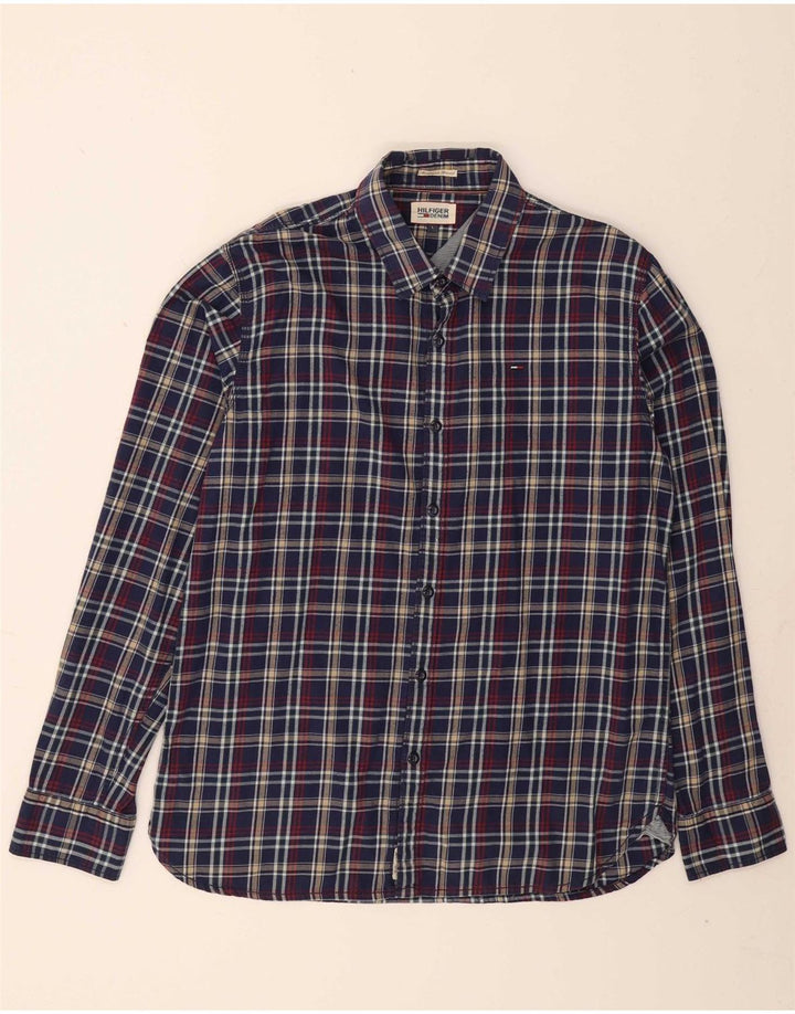 TOMMY HILFIGER Mens Flannel Shirt Large Navy Blue Check Cotton