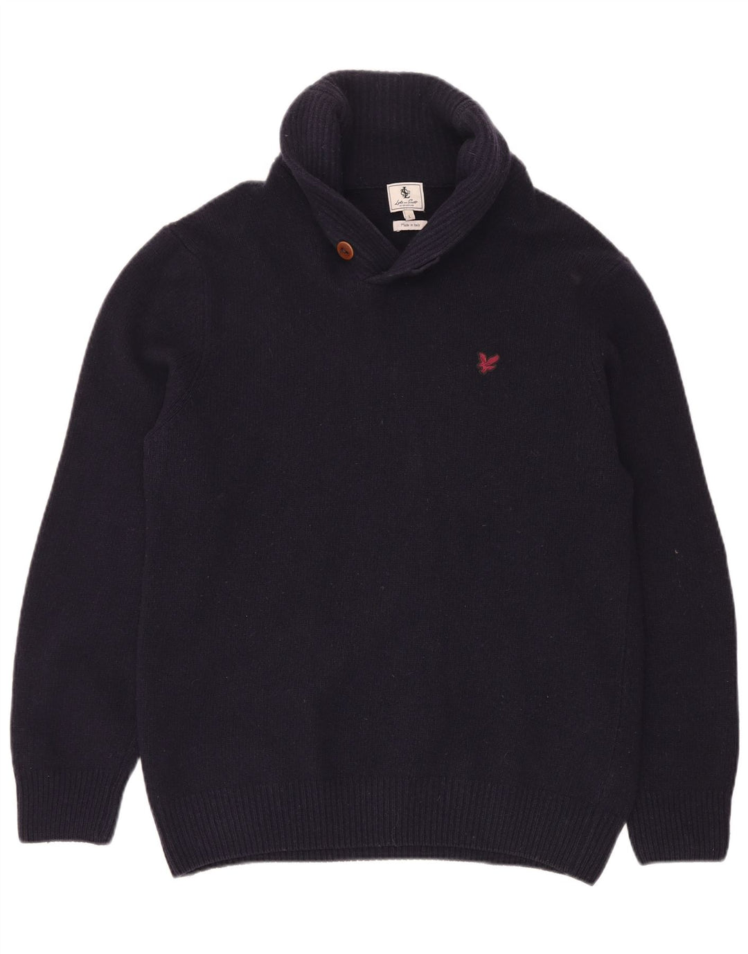 Lyle & Scott Herre Shawl Neck Jumper Sweater Large Navy Blue Uld