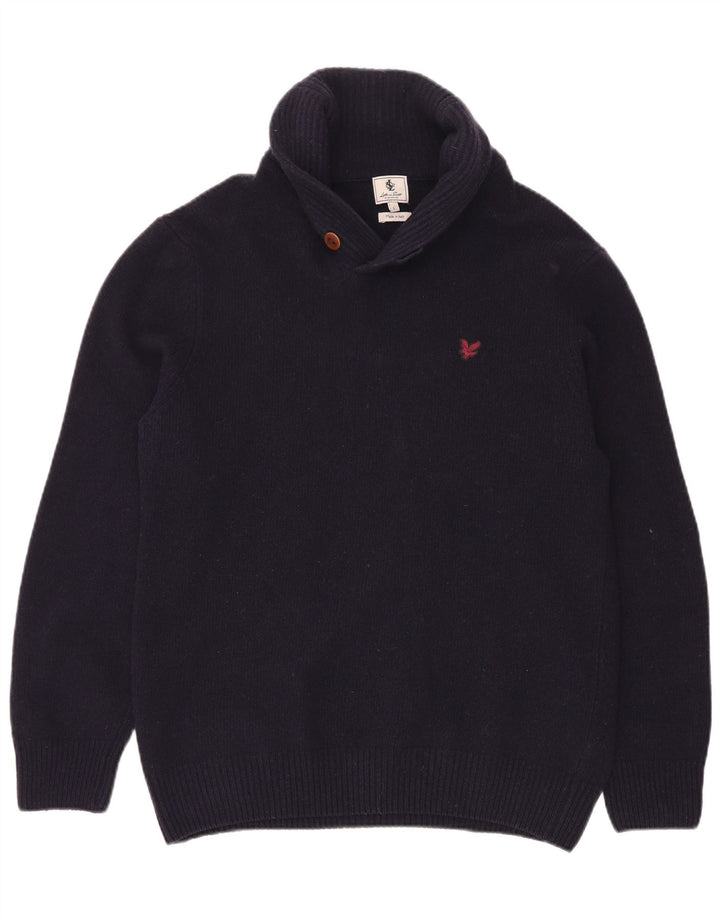 Lyle & Scott Herre Shawl Neck Jumper Sweater Large Navy Blue Uld