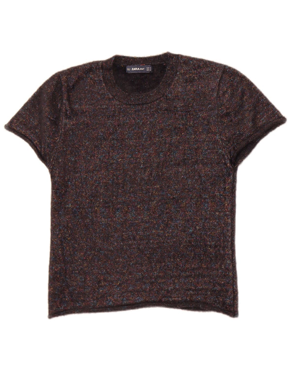 Zara Womens Crop Crew Neck Jumper Sweater UK 12 Medium Black Flecked