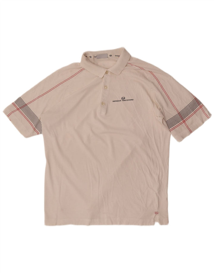 Sergio Tacchini herre poloskjorte stor hvid stribet bomuld