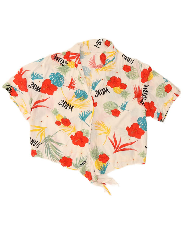 VINTAGE Womens Crop Front Tie Shirt Bluse UK 16 Large White Floral