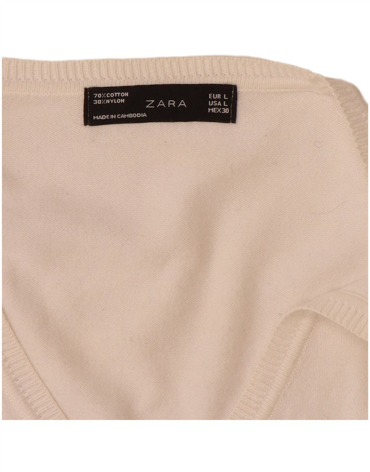 Zara Dame Cardigan Sweater UK 14 Stor Hvid Bomuld