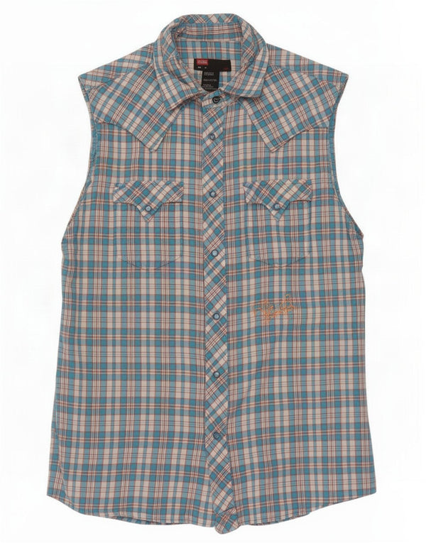 Diesel Mens Graphic Sleeveless Shirt Medium Blue Check Cotton