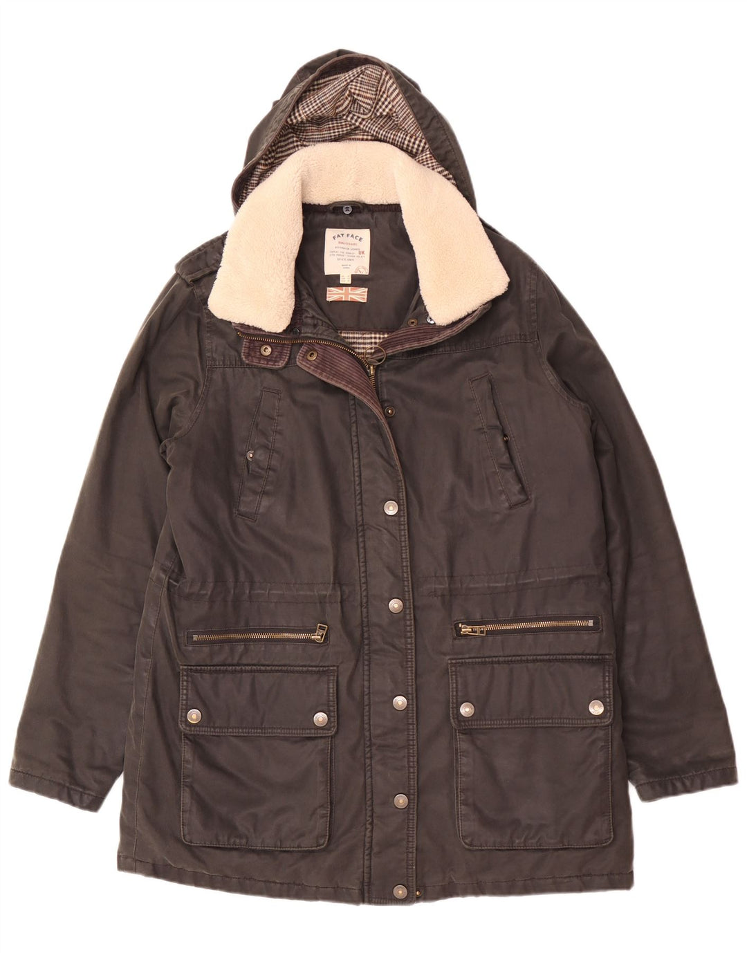Fat Face Dame Hooded Parka Jacket UK 12 Medium Sort Bomuld