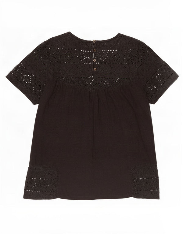 Fat Face Dame Bluse Top UK 10 Small Black Floral Bomuld