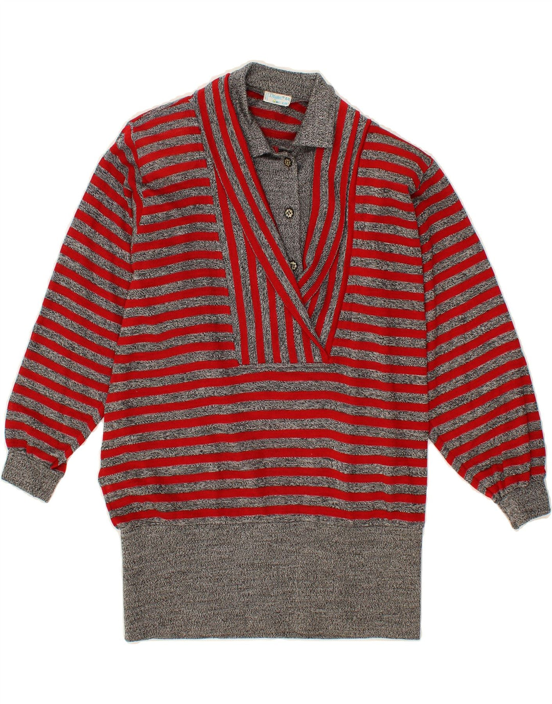 VINTAGE Womens Longline Polo Neck Jumper Sweater IT 44 Medium Grey Striped Vintage Vintage and Second-Hand Vintage from Messina Hembry 
