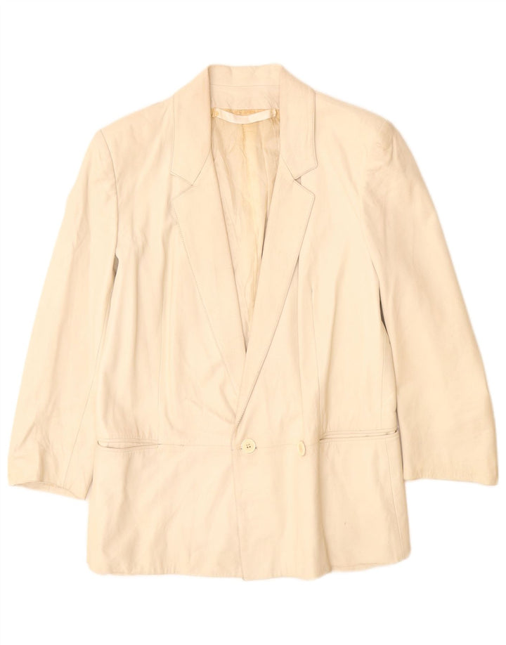 Vintage Dame Dobbeltradet Læder Blazer Jakke UK 12 Medium Beige