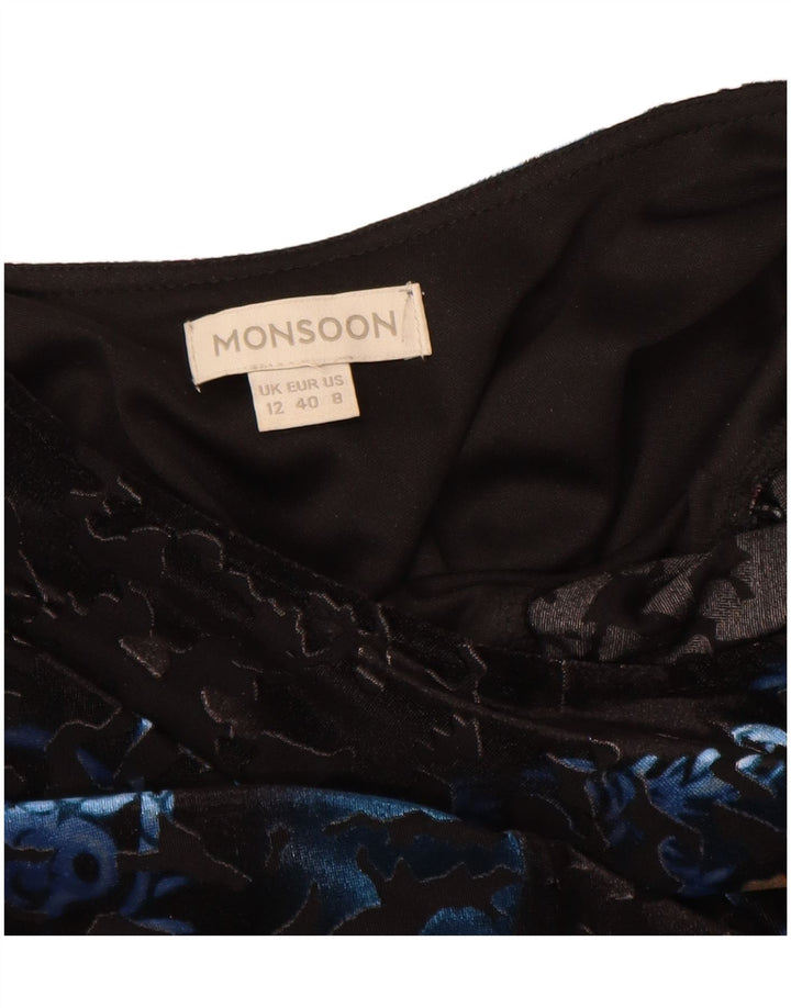 Monsoon Dame Langærmet A-Line Kjole UK 12 Medium Black Floral Polyester
