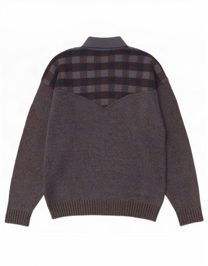 Vintage herre polo hals sweater stor grå ternet uld