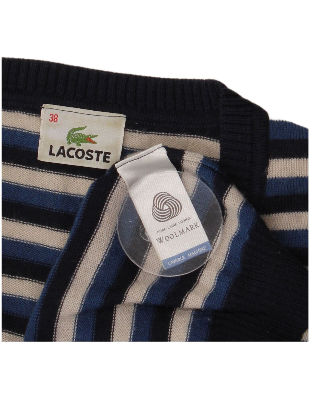 Lacoste dametrøje med V-hals str. 38 Mellem marineblå stribet uld