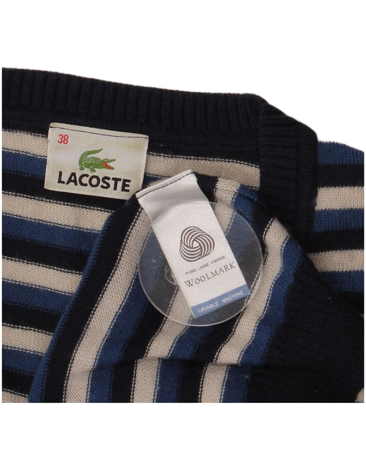 Lacoste dametrøje med V-hals str. 38 Mellem marineblå stribet uld
