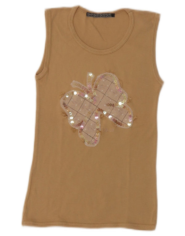 Liu Jo Kvinder Grafisk Vest Top UK 12 Medium Beige Bomuld Sommerfugl