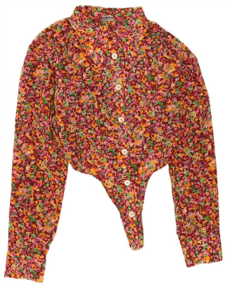 Vintage Dame Langærmet Bodysuit UK 12 Medium Multicolored Floral