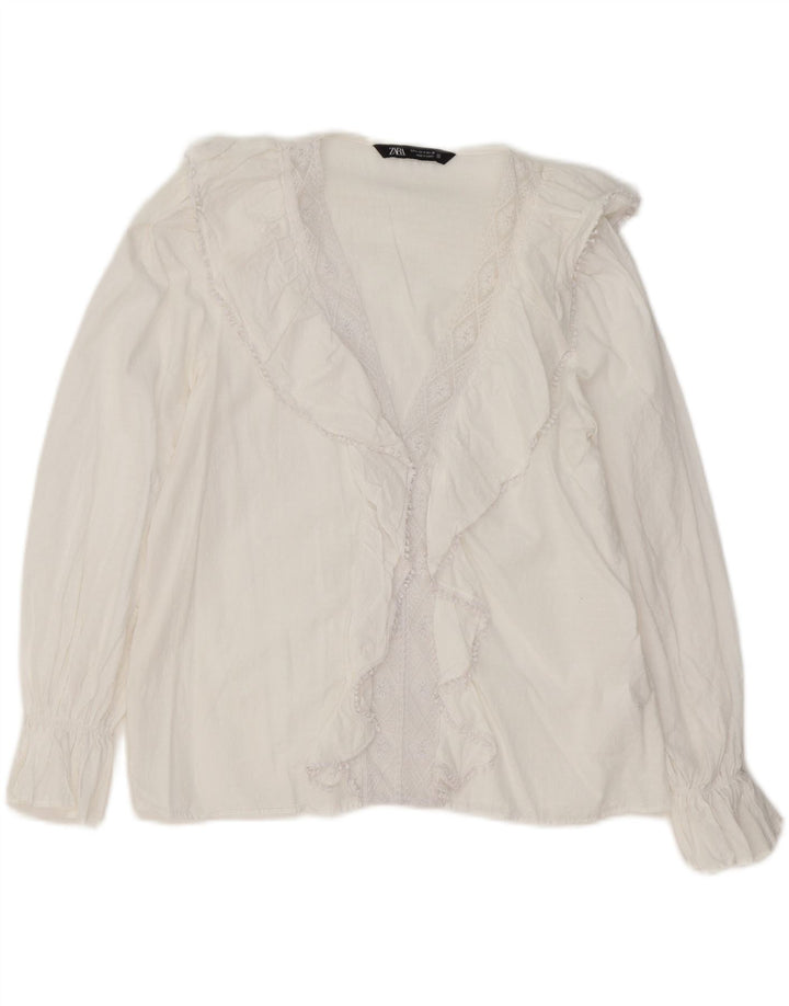 Zara Dame Flæse Front Langærmet Bluse Top UK 10 Small White Bomuld