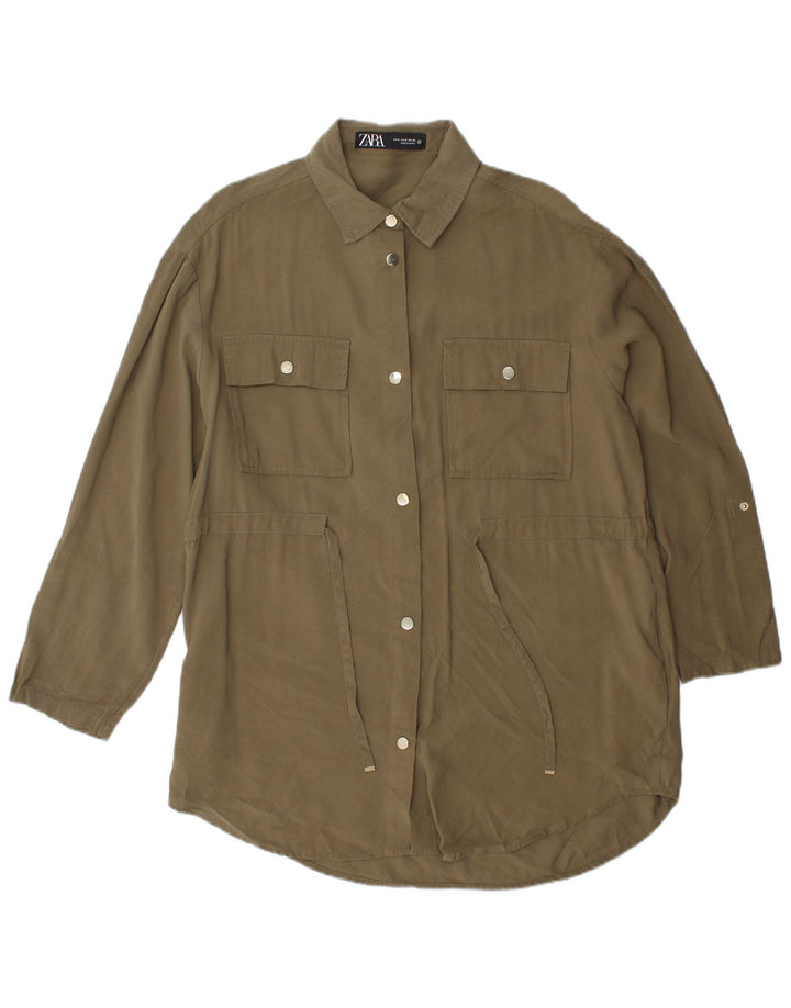 Zara skjortekjole til kvinder UK 14 Medium Khaki Viscose