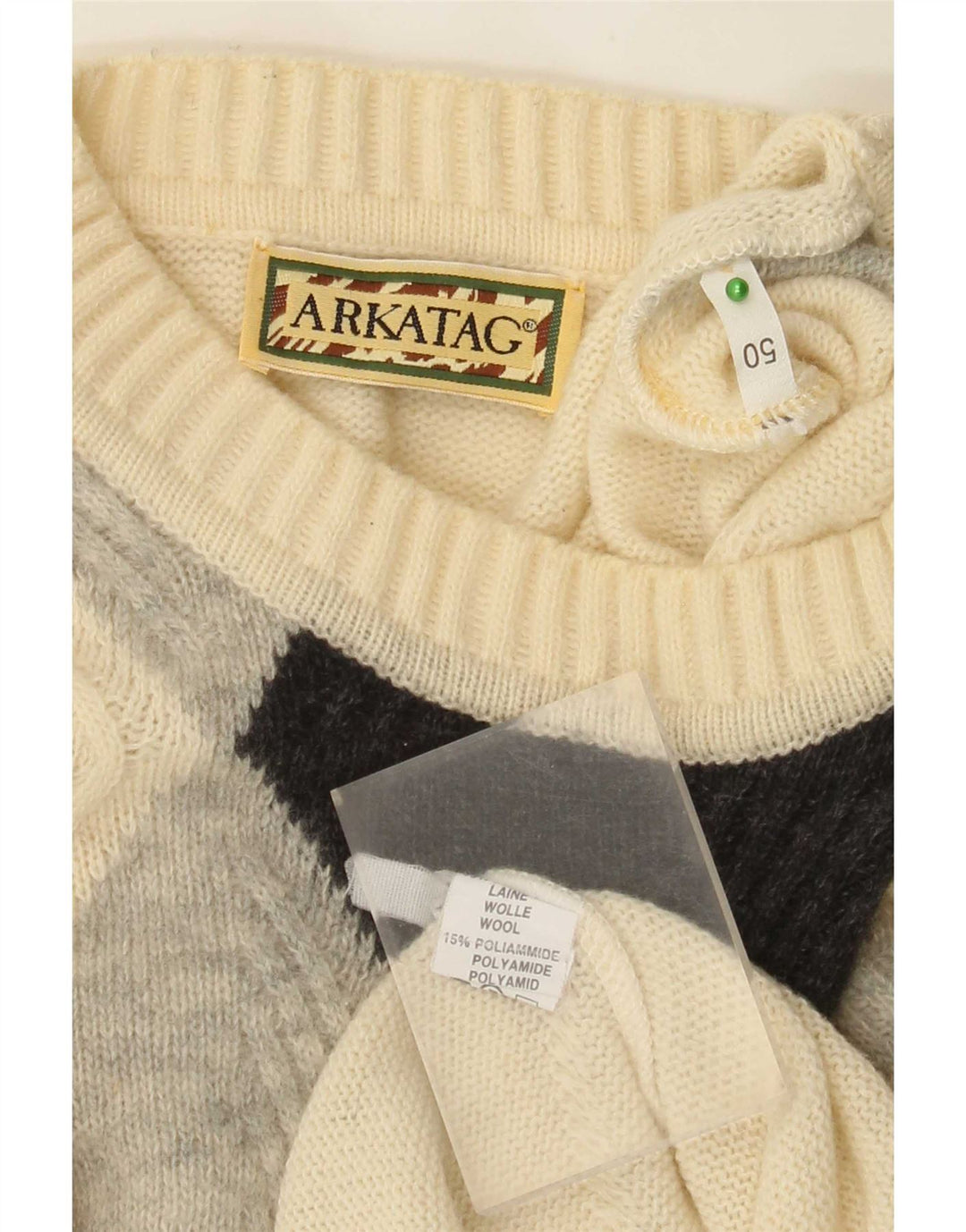 Vintage herre sweater med rund hals IT 50 Medium Off White Argyle/diamant