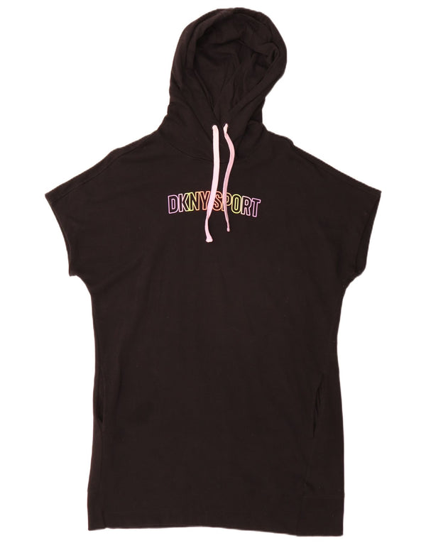 Dkny Dame Hooded Graphic T-Shirt Dress UK 14 Large Black Cotton Sports