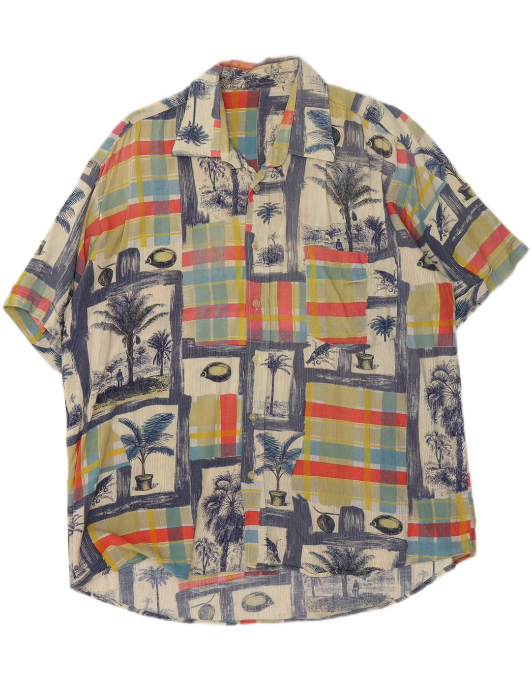 Vintage kortærmet herreskjorte Stor flerfarvet patchwork