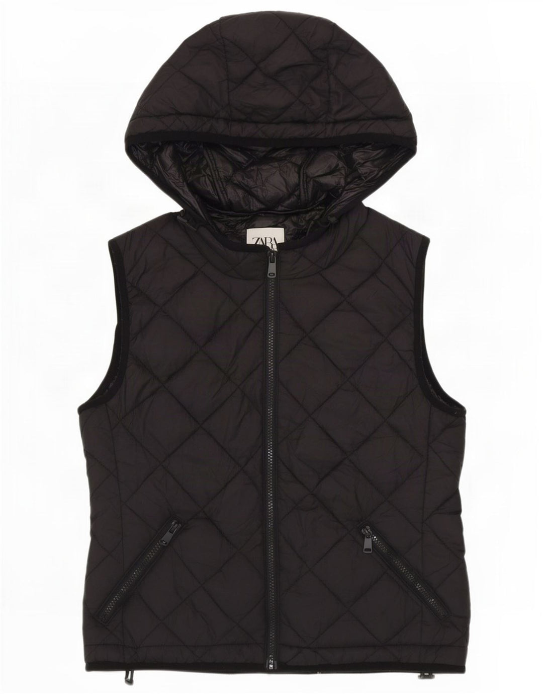Zara Dame Hætte Quiltet Gilet UK 14 Medium Sort Polyester