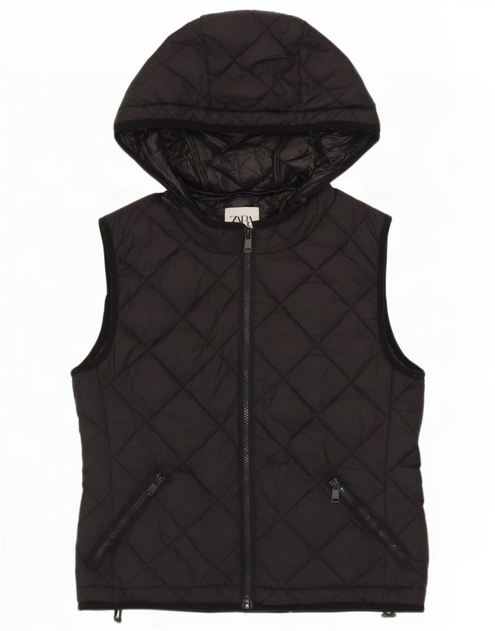 Zara Dame Hætte Quiltet Gilet UK 14 Medium Sort Polyester