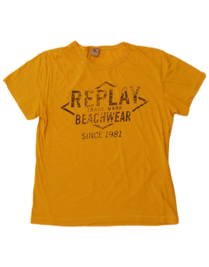 REPLAY Dame Grafisk T-Shirt Top UK 14 Medium Gul