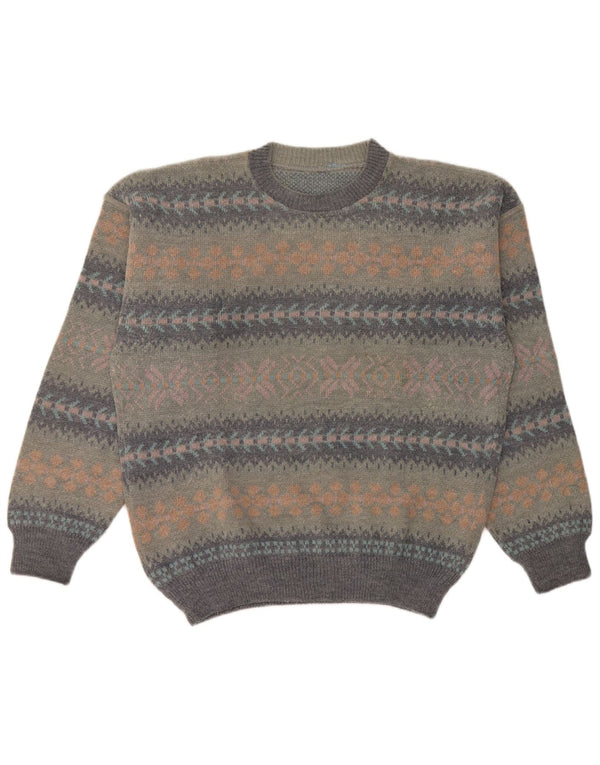 Vintage Herre Crew Neck Jumper Sweater Large Grey Fair Isle Wool