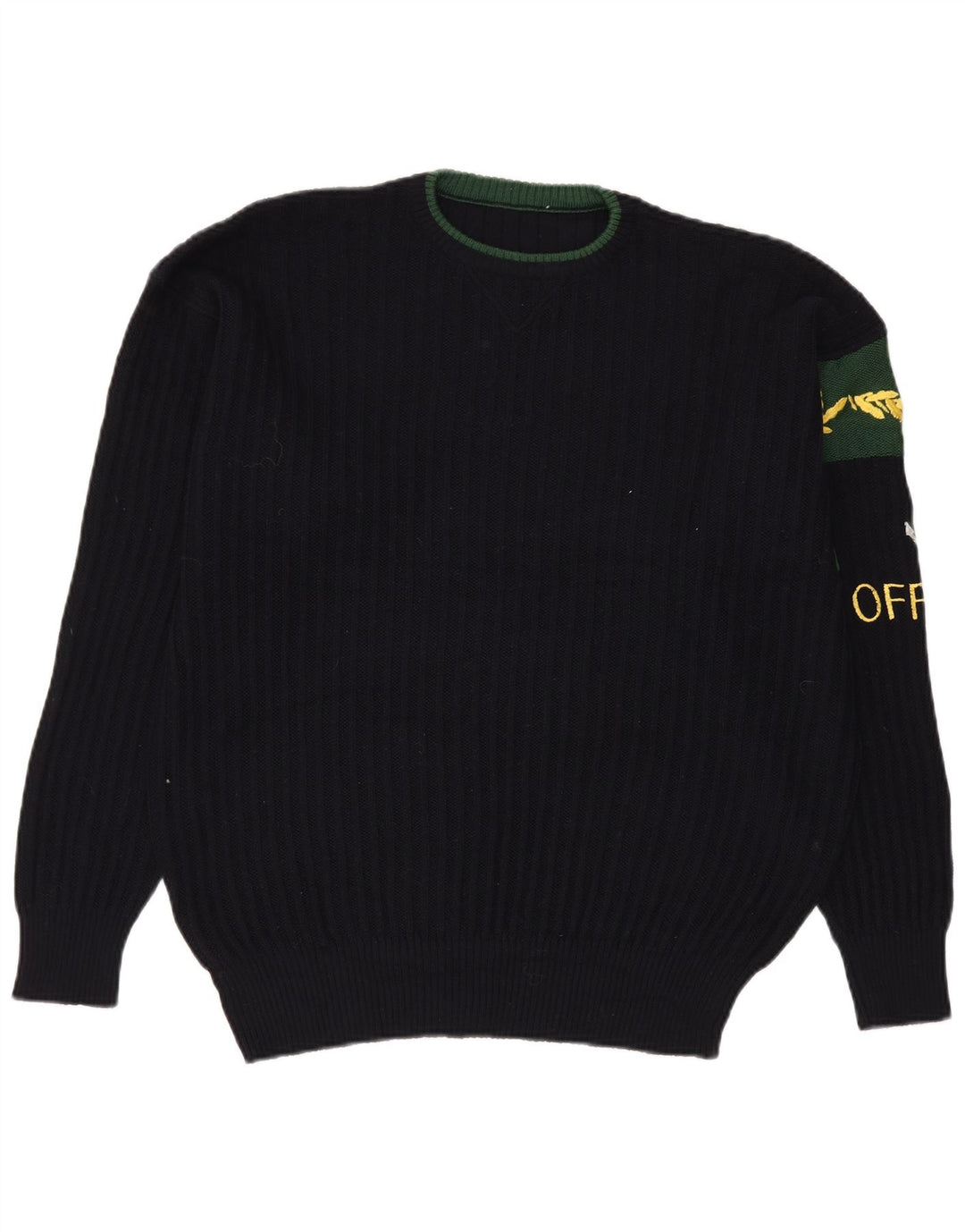 VINTAGE Herre grafisk rund hals sweater XL marineblå uld