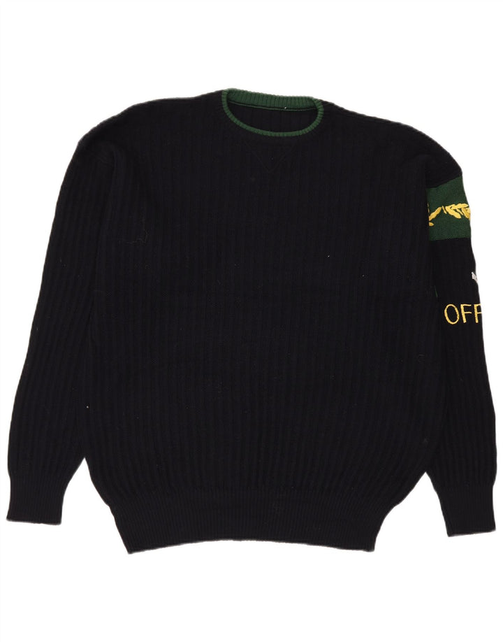 VINTAGE Herre grafisk rund hals sweater XL marineblå uld