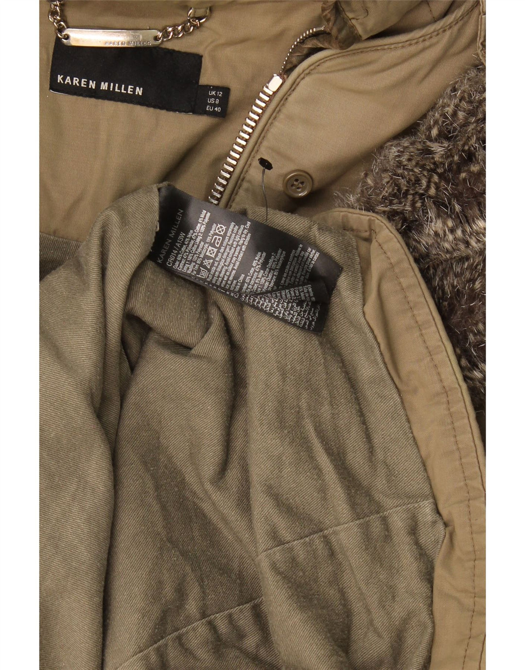 Karen Millen Dame Hooded Parka Jacket UK 12 Medium Khaki Polyester