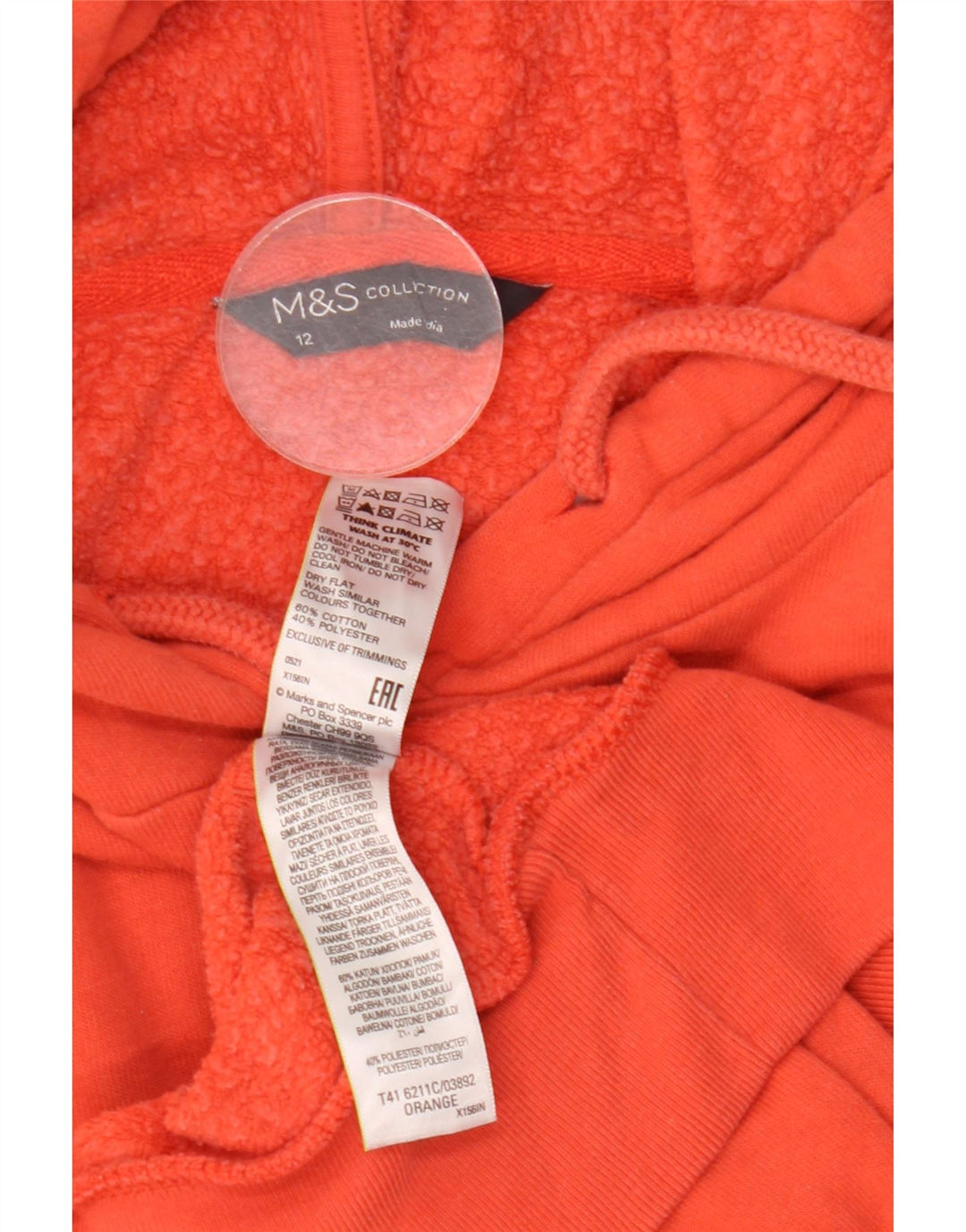 Marks & Spencer Dame Oversized Hoodie Jumper UK 12 Medium Orange Bomuld