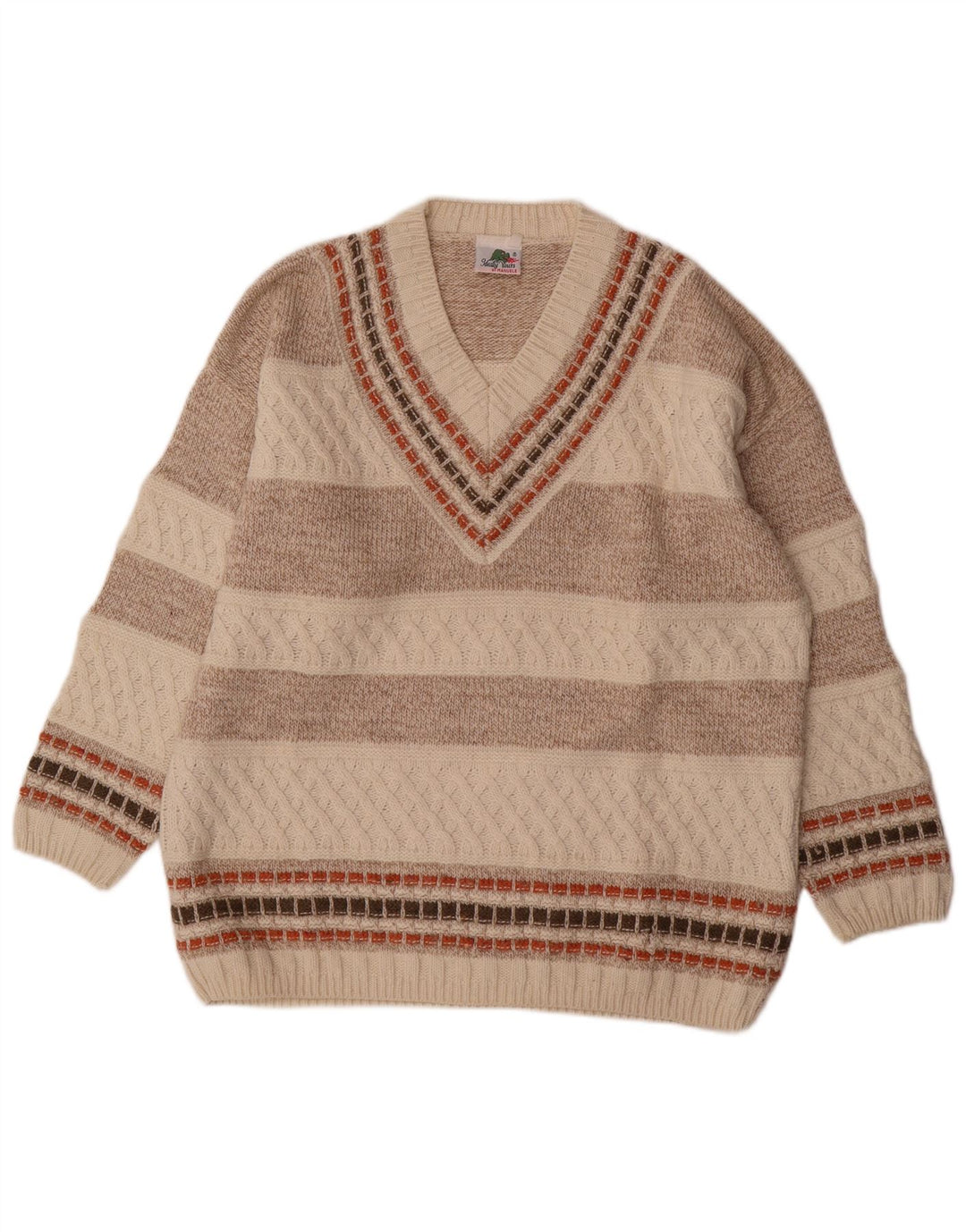 Vintage herre V-hals sweater mellem beige stribet uld